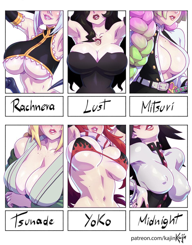 kanroji mitsuri+lust (fullmetal alchemist)+midnight (my hero academia)+nemuri kayama+tsunade+yoko littner